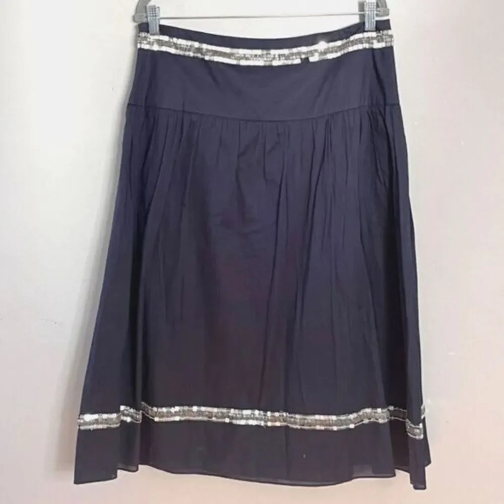Tory Burch Cotton Voile Midi Skirt Size 10 Navy‎ Blue Beaded Sequins Gyspy Boho